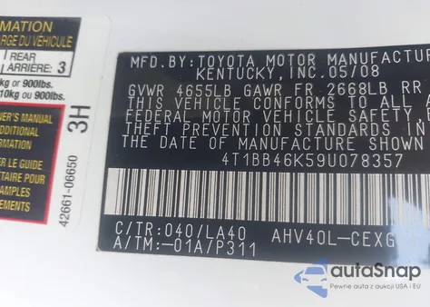 2009 Toyota Camry Hybrid z USA, uszkodzony, nr VIN 4T1BB46K59U078357